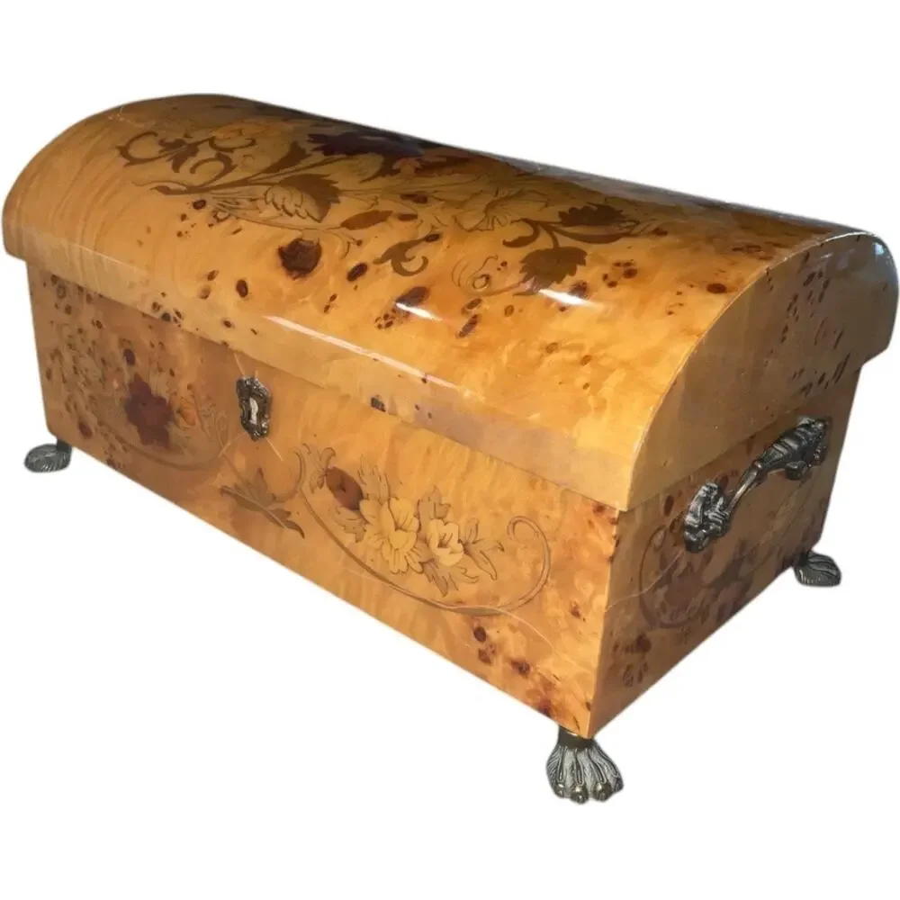 Pristine Italian Inlayed Wood Music Box 2 Level Jewelry Box Plays Isle Of Capri